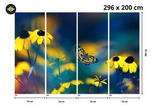 Fototapet - Flori galbene cu fluture (296x200 cm)
