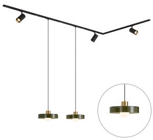 Sistem de șine modern negru cu 2 pendule verzi și 3 spoturi monofazate - Iconic Jeana Luxe Jina