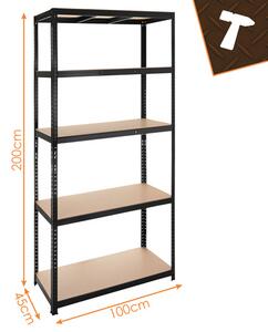 Raft de depozitare negru cu 5 rafturi, 220 x 100 x 45 cm