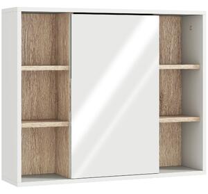 HOMCOM Dulap cu Oglinda din MDF si PAL, Dulap de Baie cu 3 Rafturi Laterale si Raft Interior Reglabil, 60x14.5x49.4 cm, Alb si Lemn Natur | Aosom RO