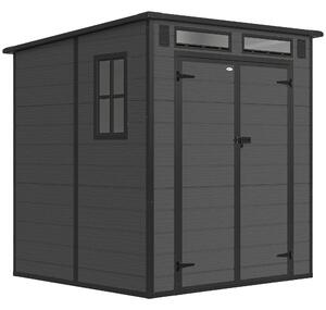 Outsunny Magazie de Grădină 2.89m² din PP și Aluminiu cu Podea, Depozit Grădină cu Uși Duble cu Încuietoare, Aerisiri, 3 Ferestre, Acoperiș Înclinat, Mănuși, Gri Închis | Aosom Romania