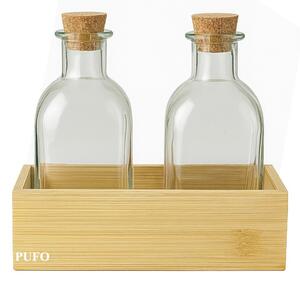 Set 2 Sticle Pufo cu Dop de Pluta si Suport din Bambus – Pentru Ulei, Otet, Dressinguri, Sosuri, Condimente – 4 x 250 ml