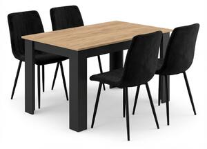 Set de masa 1 + 4, masa MADO 120x80 cm negru/dub artisan + scaun catifelat negru LAVA cu picioare negre