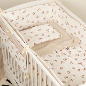Lenjerie patut bebe 120x60 cm Kidizi Teddy Tales din muselina dubla 6 piese – set complet cu aparatoare, cearsaf elastic, perna, paturica si organizator
