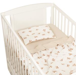Lenjerie patut bebe 120x60 cm Kidizi Teddy Tales din muselina dubla 3 piese – include cearsaf cu elastic, perna si paturica
