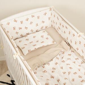 Lenjerie patut bebe 120x60 cm Kidizi Teddy Tales din muselina dubla 5 piese – set complet cu aparatoare, cearsaf elastic, perna si paturica