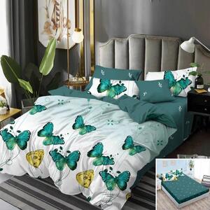 Lenjerie de pat, 2 persoane, finet, 6 piese, cu elastic, verde si alb, cu fluturasi, LEL157