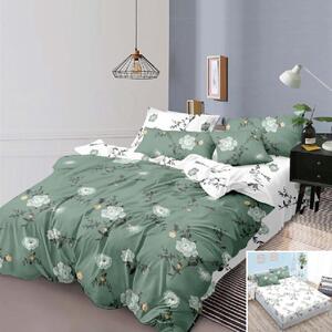 Lenjerie de pat, 2 persoane, finet, 6 piese, cu elastic, verde si alb, cu floricele albe, LEL160