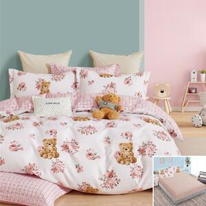 Lenjerie de pat, 2 persoane, finet, 6 piese, cu elastic, roz , cu trandafiri si ursuleti, LEL155