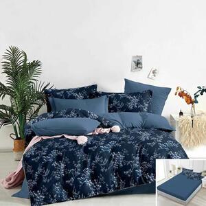 Lenjerie de pat, 2 persoane, bumbac satinat, 4 piese, cu elastic, albastru inchis, cu flori albe, LS428
