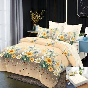 Lenjerie de pat, 2 persoane, finet, 6 piese, cu elastic, crem , cu flori , LEL207