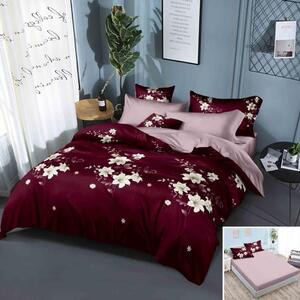 Lenjerie de pat, 2 persoane, finet, 6 piese, cu elastic, rosu inchis, cu flori albe, LEL208