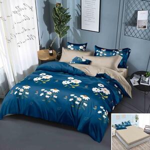 Lenjerie de pat, 2 persoane, finet, 6 piese, cu elastic, albastru si crem, cu flori albe, LEL209