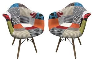 Set 2 scaune dining de tip fotoliu Lotus, textil patchwork multicolor, picioare lemn+metal