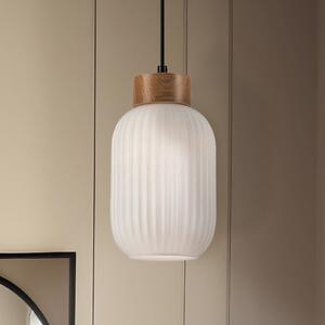 Lamkur Lampă suspendată Harmony, Ø 14 cm, alb/stejar, sticlă/lemn, reglabil, Alb, Camera de zi / sufragerie, Sticlă, Scandinavă