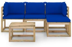 Set mobilier de grădină cu perne albastre, 5 piese