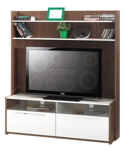 Comoda TV Adore Flat Line, 2 sertare cu sticla temparata, Nuc/Alb, 134x150x40 cm