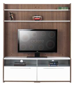 Comoda TV Adore Flat Line, 2 sertare cu sticla temparata, Nuc/Alb, 134x150x40 cm