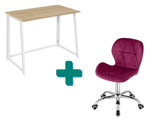 Set pentru birou – birou pliabil ZARIMO 80×40 cm alb + scaun de birou AVOLA VELVET visiniu