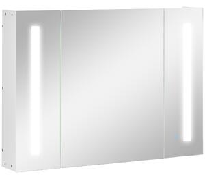 Kleankin Dulap de Baie LED cu Oglindă, 3 Uși și Rafturi Reglabile, Organizator de Depozitare Reglabil, 90x15x65 cm, Alb | Aosom Romania