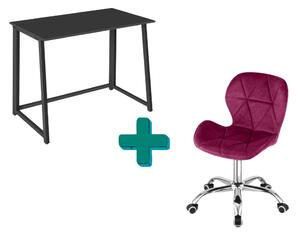 Set pentru birou – birou pliabil ZARIMO 80×40 cm negru + scaun de birou AVOLA VELVET visiniu