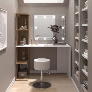 SEA477 - Set Masa toaleta, 122 cm, cosmetica, masuta machiaj, oglinda cu sau fara LED, cu sau fara scaun tapitat - Alb - culoarea Stejar