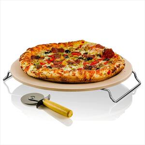 Set piatra de pizza din ceramica, cu manere si taietor Quasar & Co.®, piatra/metal/lemn, d 33 cm, crem