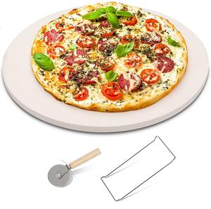 Set piatra de pizza din ceramica, cu manere si taietor Quasar & Co.®, piatra/metal/lemn, d 33 cm, crem