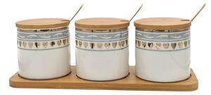 Set pentru Condimente 3 recipiente ceramice cu lingurite si tava din Bambus