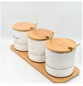 Set pentru Condimente 3 recipiente ceramice cu lingurite si tava din Bambus, My Style