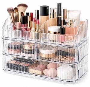 Organizator Make-up transparent cu 3 sertare si compartimente multiple pentru cosmetice, pensule, rujuri, parfumuri si accesorii beauty, 28 cm