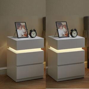 NOA28 - Set 2x Noptiere albe 40x35x55 cm, cu 2 sertare si LED, dormitor - Alb