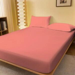 Set Husa de pat din tricot cu elastic 140x200 cm+2 fete de perna 50x70 cm, bumbac 100%, roz