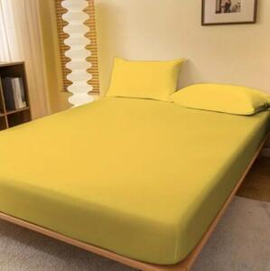 Set Husa de pat din tricot cu elastic 140x200 cm+2 fete de perna 50x70 cm, bumbac 100%, galben