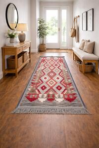 Covor traditional, cu doua fete, dimensiunea 80x200cm, gri-rosu