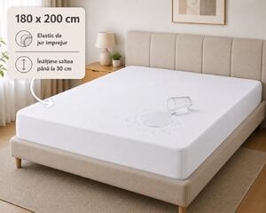 Husa saltea impermeabila 100% Frotir, acoperire integrala, alba, dimensiunea 180x200 cm+30 cm