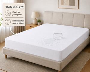 Husa saltea impermeabila 100% Frotir, acoperire integrala, alba, dimensiunea 160x200 cm+30 cm