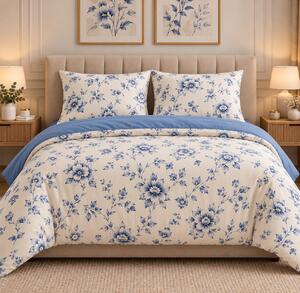 Lenjerie de Pat 2 Persoane 100% Bumbac, 4 Piese – Imprimeu Floral Bleu