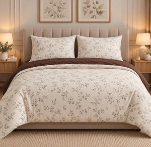 Lenjerie de Pat 2 Persoane 100% Bumbac, 4 Piese – Imprimeu floral maro