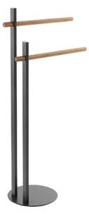 Suport prosoape, negru, din otel cromat si cu 2 brate din bambus, h 80.5cm