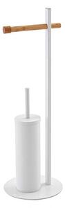 Suport vertical pentru hartie si perie wc, alb, otel cromat, bambus, h 67cm