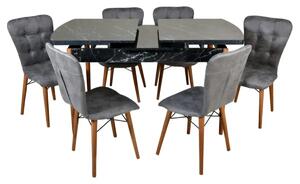 Set masa extensibila cu 6 scaune tapitate Homs cristal negru-gri 170 x 80 cm