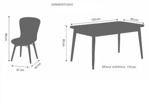 Set masa alba extensibila cu 4 scaune tapitate visiniu Homs picioare lemn 170 x 80 cm