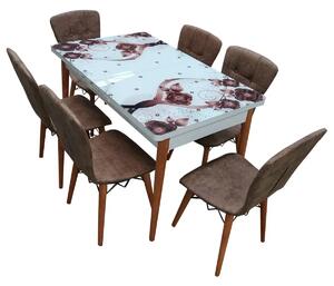 Set masa extensibila picioare lemn, blat sticla securizata +6 scaune tapitate Fusion Homs maro 80x 170 cm