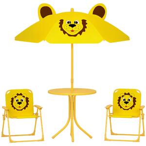 AIYAPLAY Mobilier de grădină pentru copii cu umbrelă de soare reglabilă, Set de picnic pentru copii cu 4 piese, Masă cu 2 scaune pliante, masă, Set de terasă cu model de leu pentru vârstele 2-5 ani, Galben | Aosom Romania