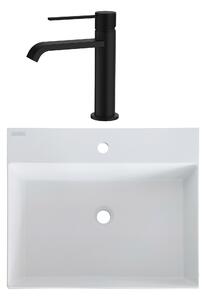SET Lavoar de baie din granit compozit Sencillo + Baterie Agata negru - Alb