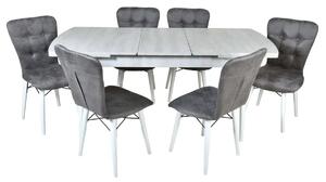 Set masa extensibila cu 4 scaune tapitate Homs cristal bej-gri-picior-alb-170 x 80 cm