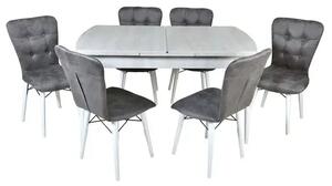 Set masa extensibila cu 6 scaune tapitate Homs cristal bej-gri-picior-alb-170 x 80 cm
