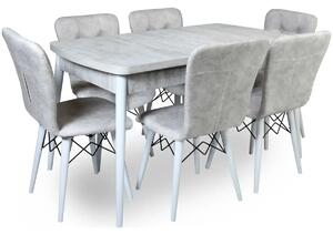 Set masa extensibila cu 6 scaune tapitate Homs cristal bej-picior-alb-170 x 80 cm