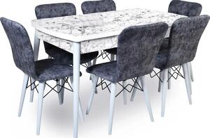 Set masa extensibila cu 6 scaune tapitate Homs cristal bej-gri-picior-alb-170 x 80 cm